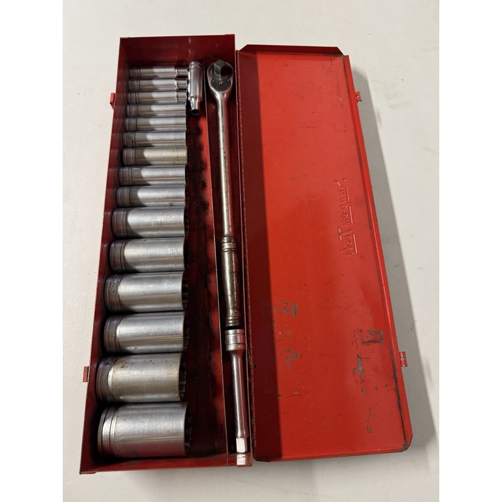 Vintage Snap On 1/2" Ratchet & Deep Well 12pt Socket Set SL175 w/ Red Case & Ext